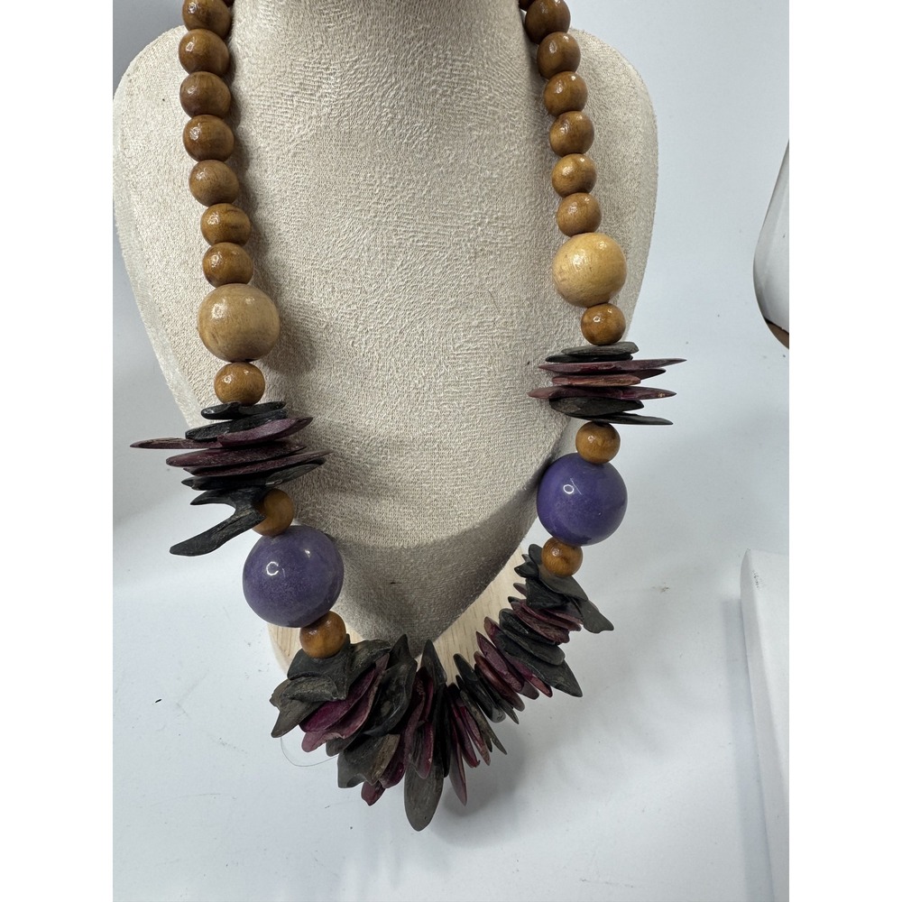 Vintage Chunky Wood Bead Statement Necklace Purple Brown Boho Artisan 21 Inch